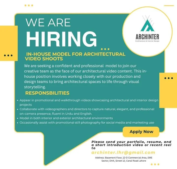 Advertisement for Architectural Video Modeler Jobs in Lahore