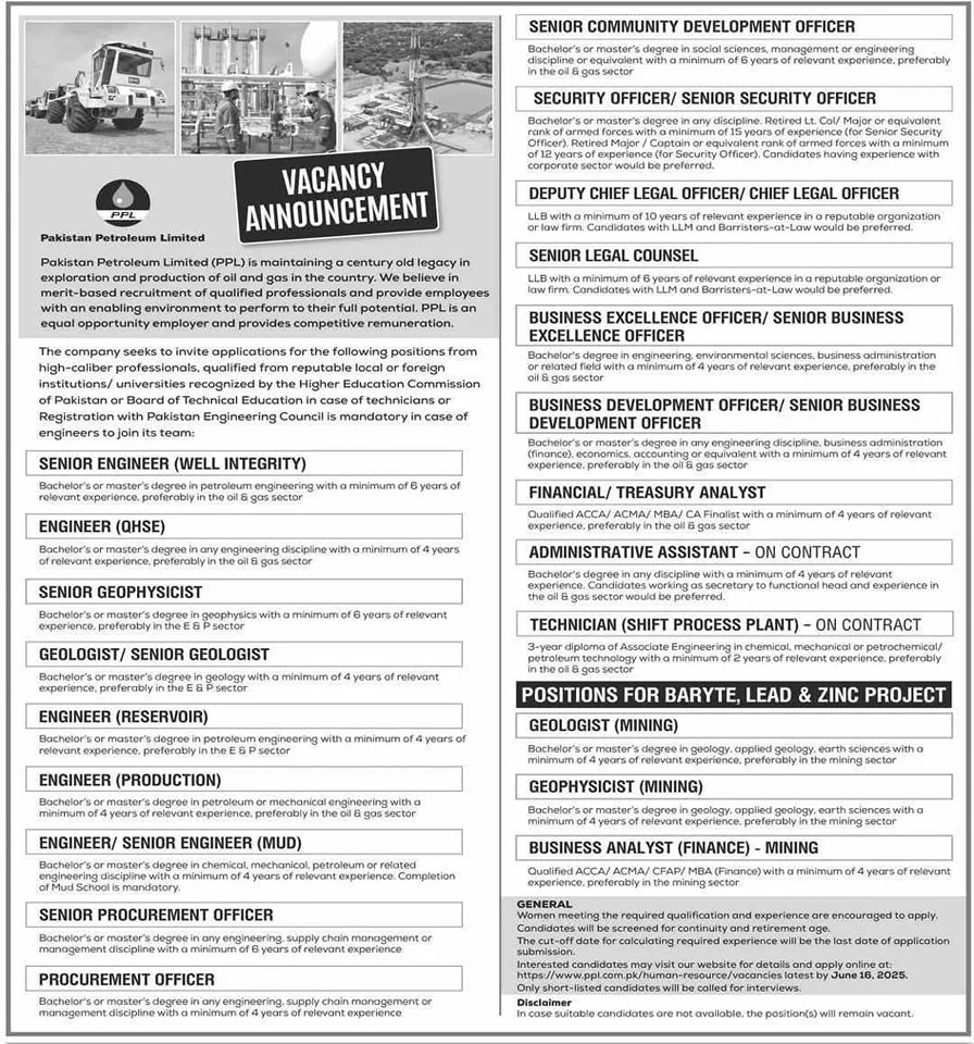 Advertisement for Pakistan Petroleum Limited Jobs 2025