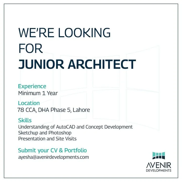 Advertisement for Junior Architect Jobs in Avenir Developments