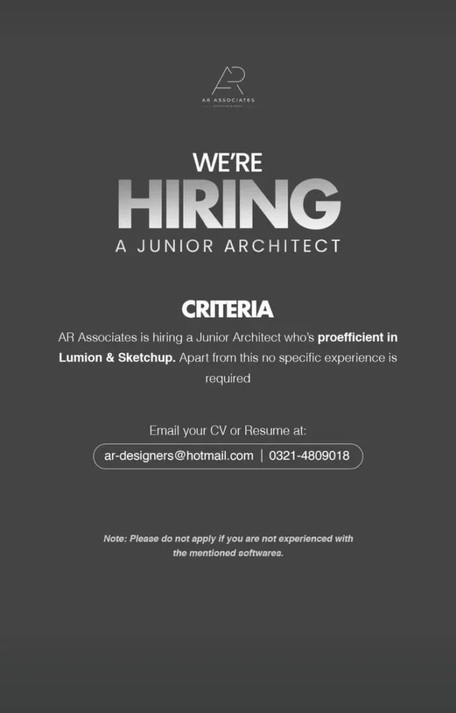 Advertisement for the Junior Architect Jobs in Lahore