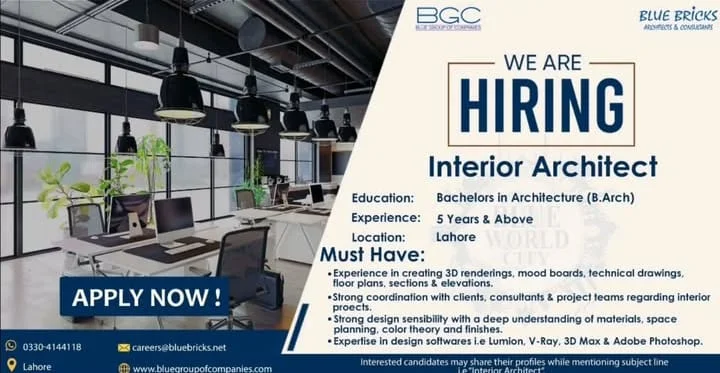 Advertisement for the Interior Architect Jobs in Lahore