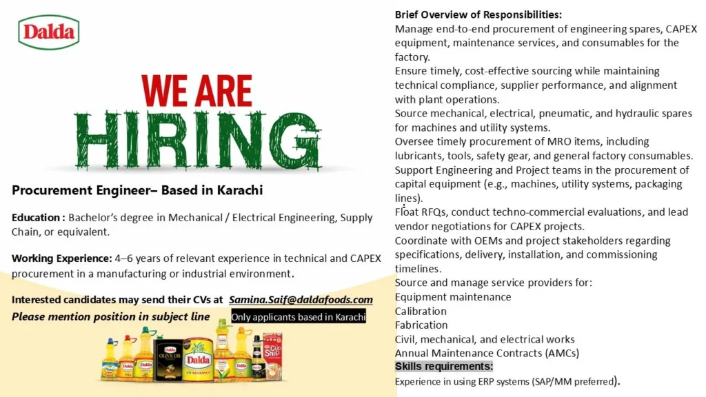 Advertisement for the Dalda Foods Karachi Jobs