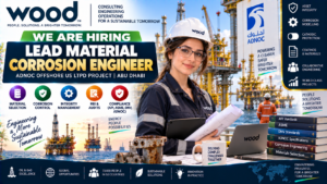 Apply now for Lead Material Corrosion Engineer jobs in Abu Dhabi UAE at Wood — ADNOC Offshore LTPD, MSD MSR, RBI, API 579 571, DNV, cathodic protection, coatings, PMC oil gas. 15+ years experience. Upstream offshore careers today!